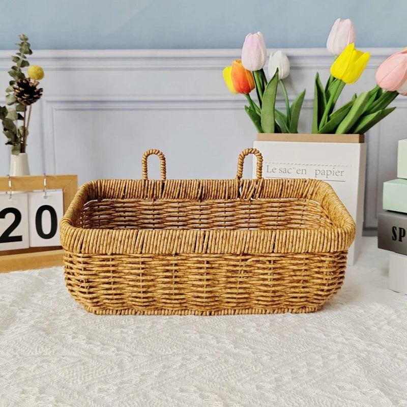 Hanging Fruit Basket Imitation Rattan Wall Mount Basket With Handle Handmade Rattan Woven Organizer Flower Pot Container Basket