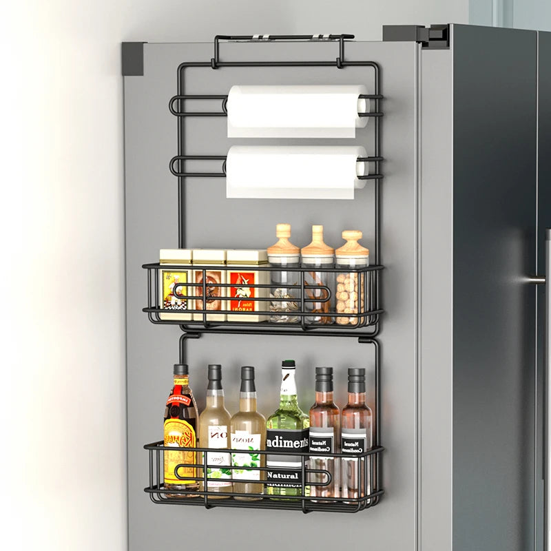 Wall mounted refrigerator rack, cling film storage rack, kitchen multifunctional seasoning rack, no drilling required