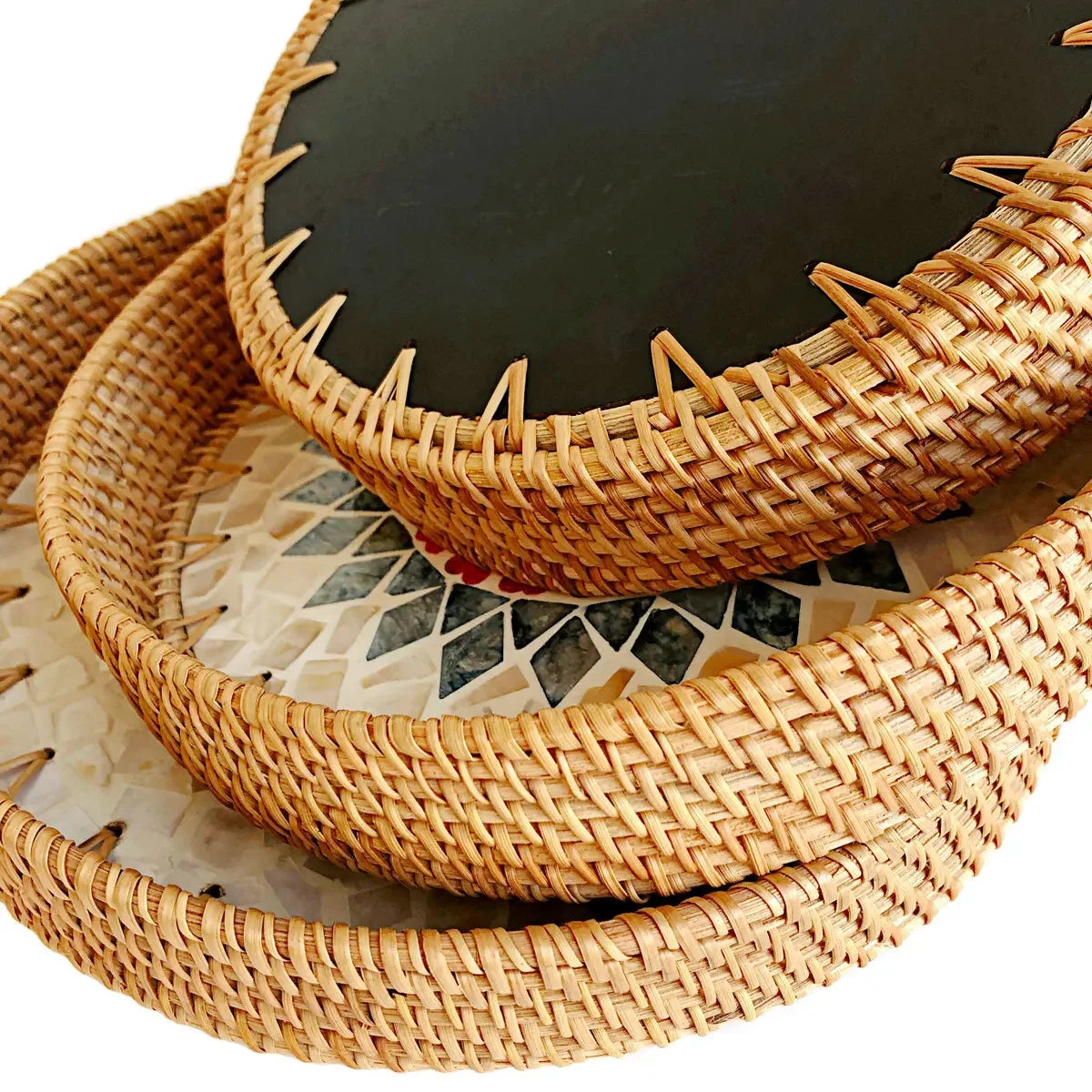 HeMu Colorful Splicing Shell Rattan Storage Basket Set Bread Fruit Food Breakfast Display Box Natural Hand-Woven Tray Roundness