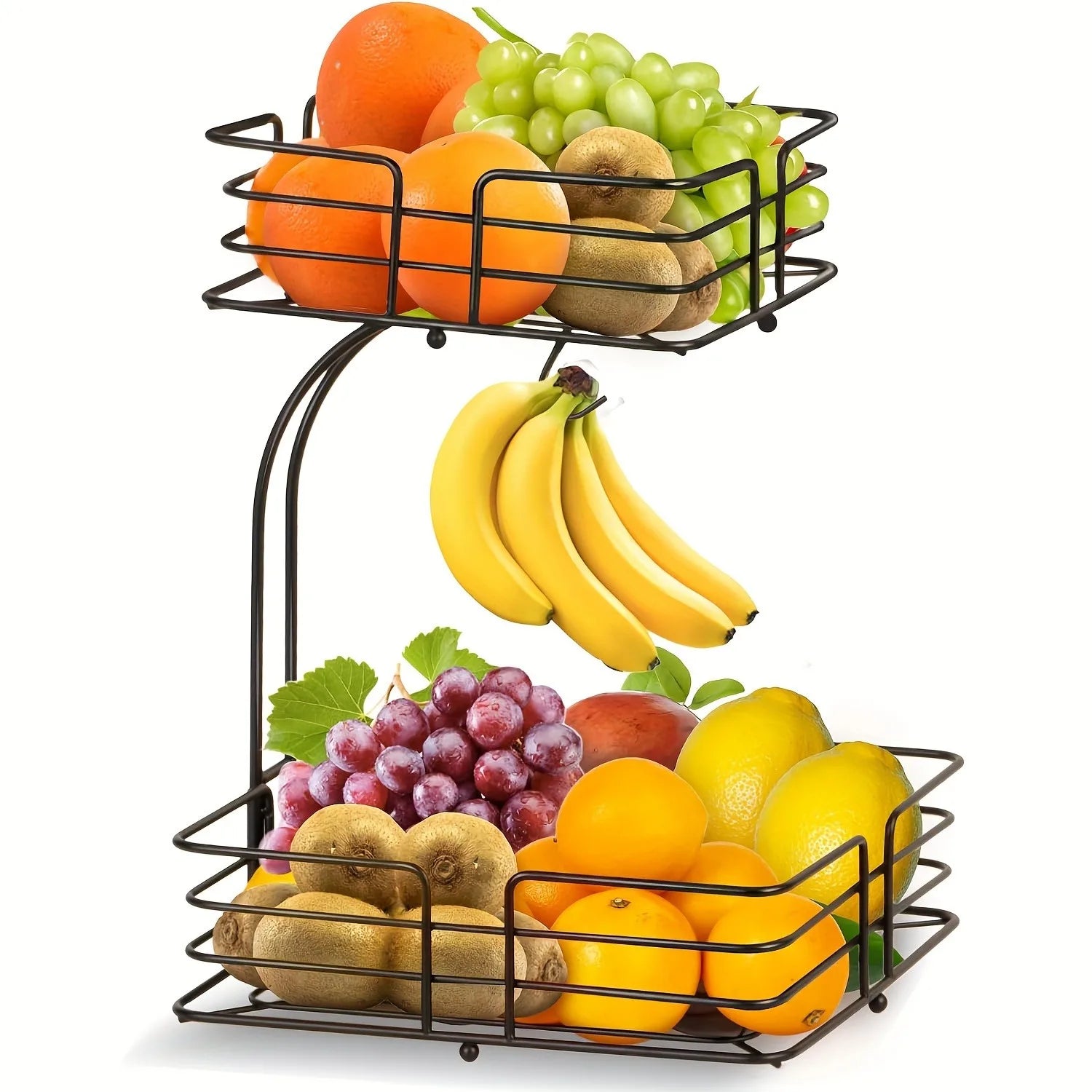 Double Layer Fruit Basket, Removable Countertop Fruit Rack with Banana Hook, Kitchen Metal Fruit and Vegetable Bowl, Metal Baske