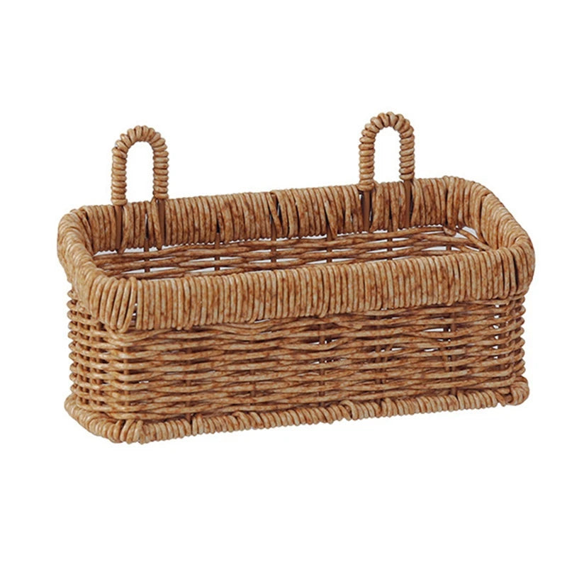 Hanging Fruit Basket Imitation Rattan Wall Mount Basket With Handle Handmade Rattan Woven Organizer Flower Pot Container Basket