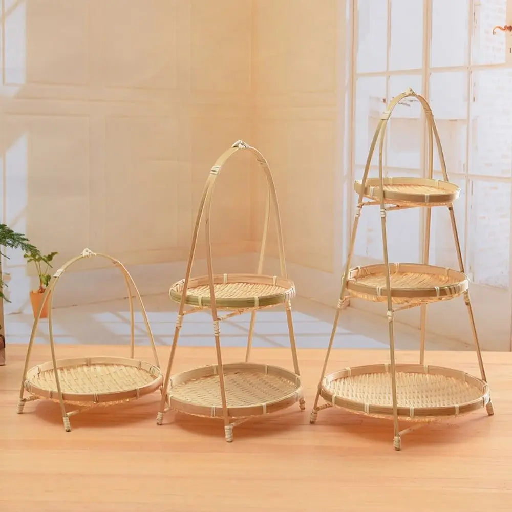 Multi-function Bamboo Woven Basket 1/2/3 Layer Fruit Food Vegetable Storage Basket Durable Handwoven Standing Tray for Kitchen