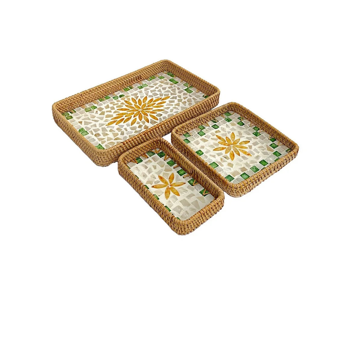 HeMu Colorful Splicing Shell Rattan Storage Basket Set Bread Fruit Food Breakfast Display Box Natural Hand-Woven Tray Decoration