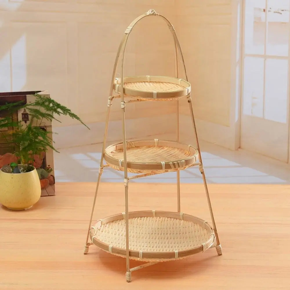 Multi-function Bamboo Woven Basket 1/2/3 Layer Fruit Food Vegetable Storage Basket Durable Handwoven Standing Tray for Kitchen