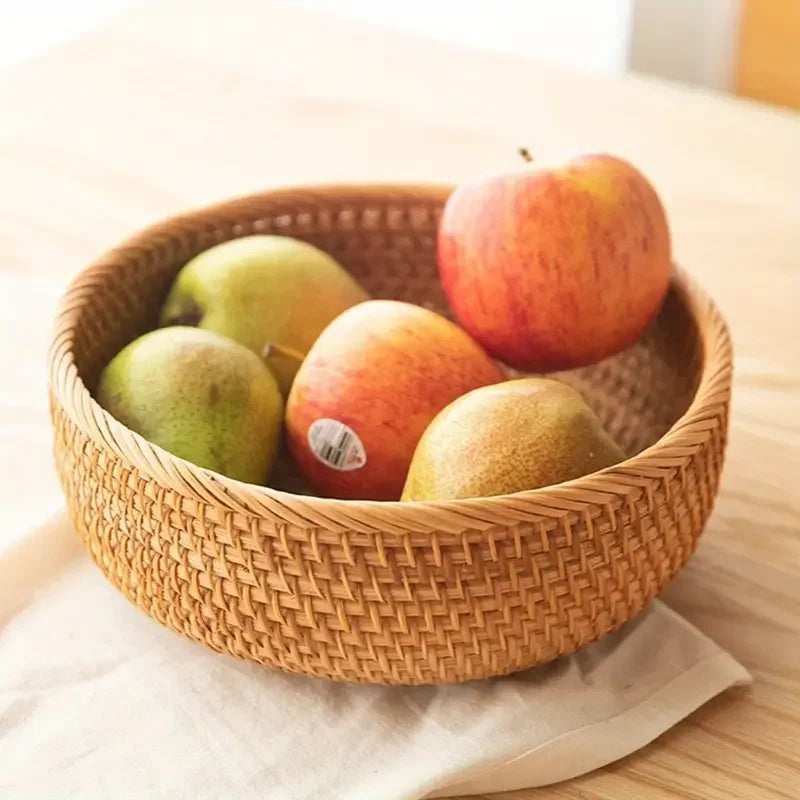 Hand-woven Rattan Wicker Basket Storage Box Fruit Tea Snack Bread Basket Cosmetic Desktop Storage Box Household Kitchen Supplies