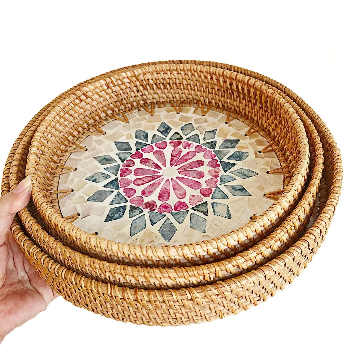 HeMu Colorful Splicing Shell Rattan Storage Basket Set Bread Fruit Food Breakfast Display Box Natural Hand-Woven Tray Roundness