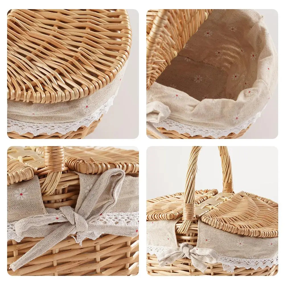 Wicker Picnic Basket With Lid Handle Picnic Hamper Handmade Willow Woven Storage Hamper Outdoor Camping Fruit Basket Container