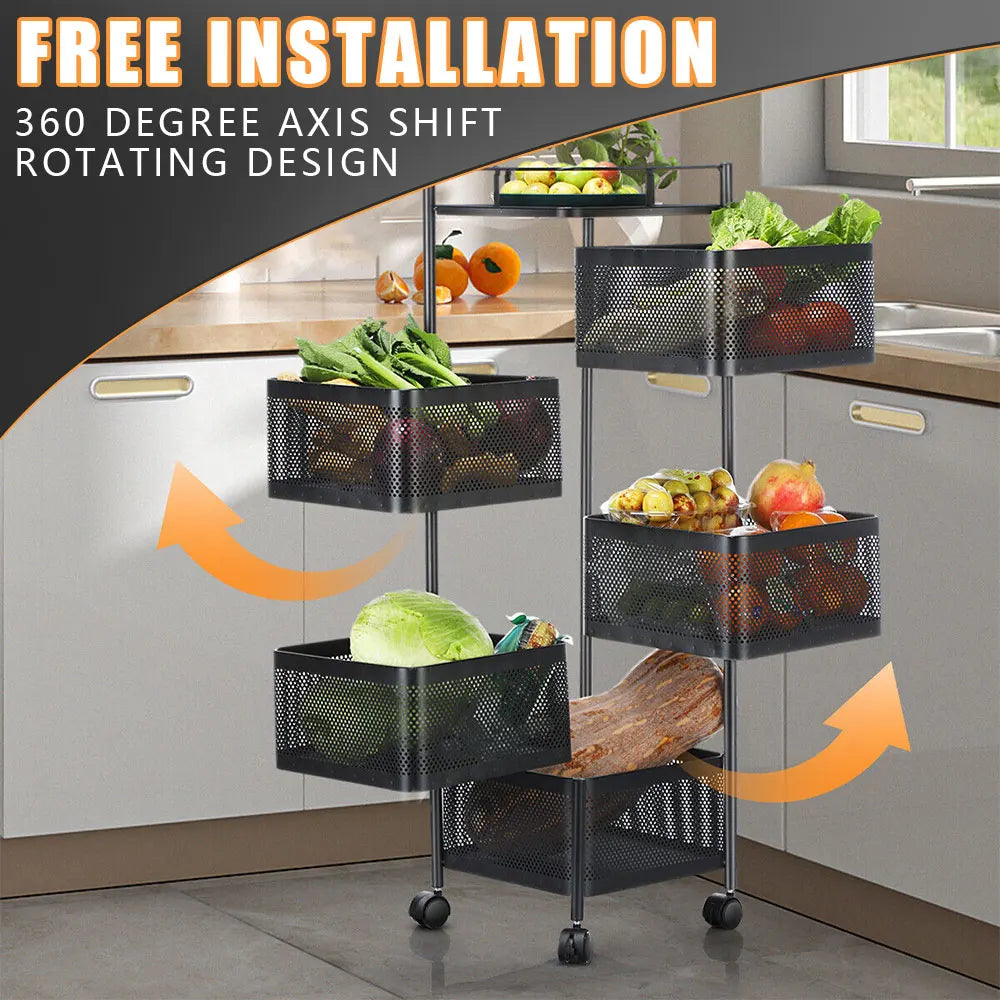 5-layer Square Rotatable Storage Rack With Wheels, Kitchen Adjustable Metal Baskets, Fruit Vegetable Storage Trolley