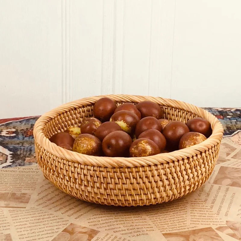 Hand-woven Rattan Wicker Basket Storage Box Fruit Tea Snack Bread Basket Cosmetic Desktop Storage Box Household Kitchen Supplies