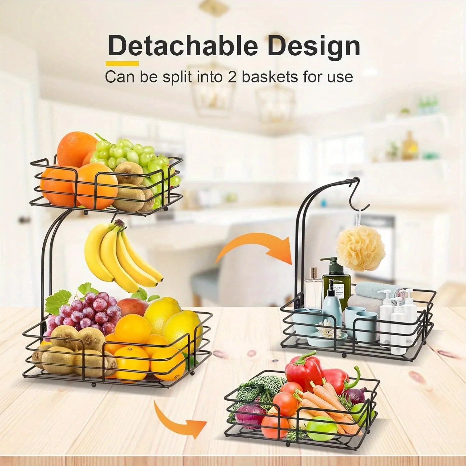 Double Layer Fruit Basket, Removable Countertop Fruit Rack with Banana Hook, Kitchen Metal Fruit and Vegetable Bowl, Metal Baske