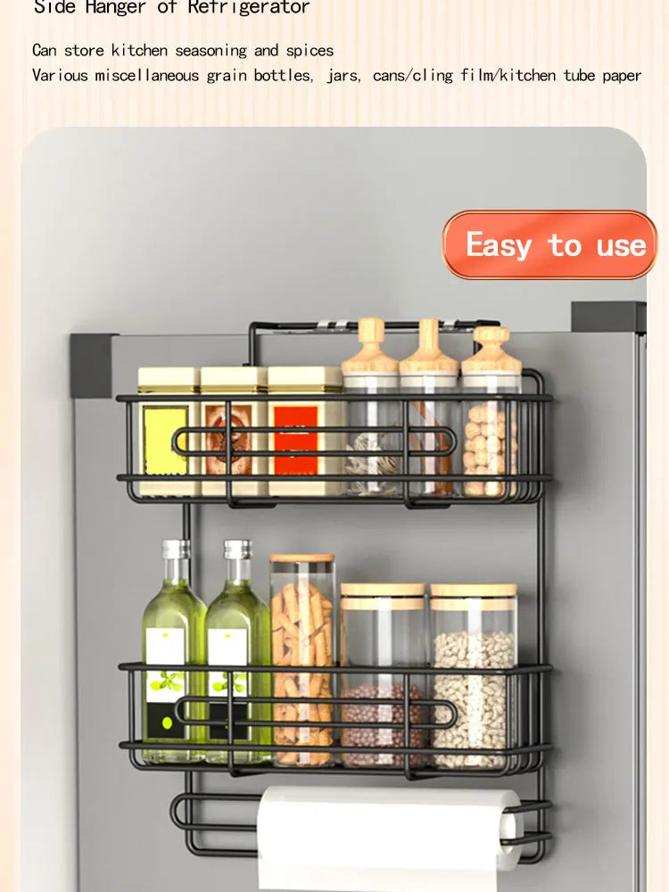 Wall mounted refrigerator rack, cling film storage rack, kitchen multifunctional seasoning rack, no drilling required