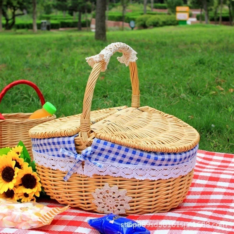 Simple Cute Wicker Carry-on Handle Storage Baskets Picnic Basket with Lid Fruit Food Basket Home Organize Accessory Small Size