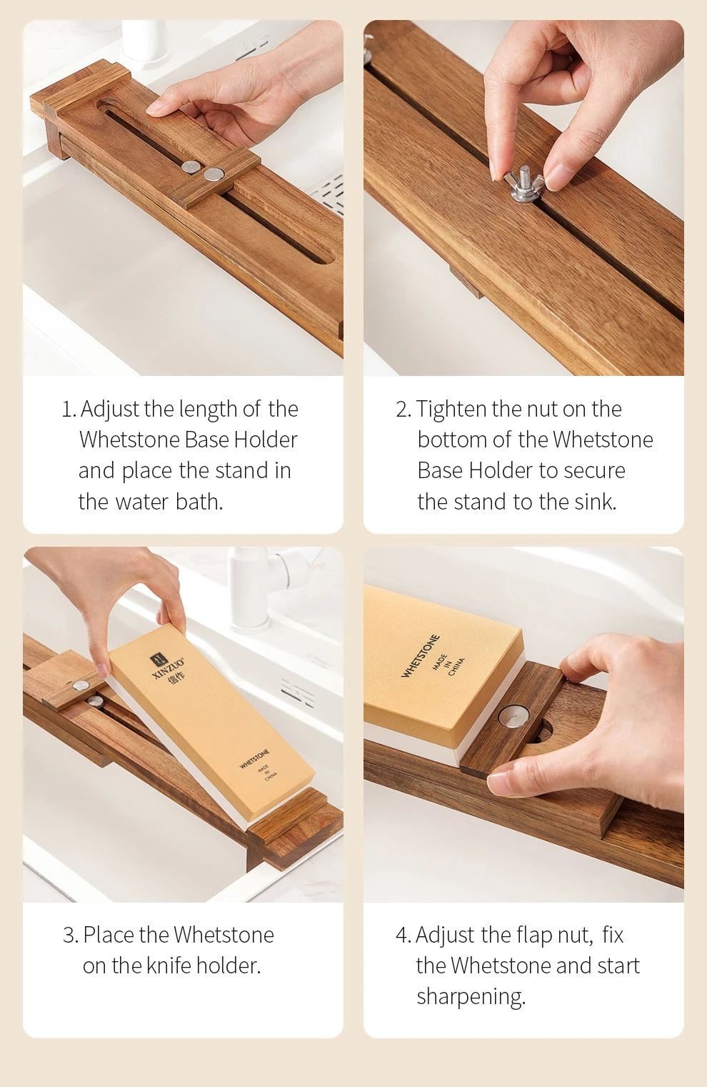 XINZUO Acacia Wood Whetstone Base Holder Adjustable Telescopic Solid Knife Sharpening Block for Kitchen Knives