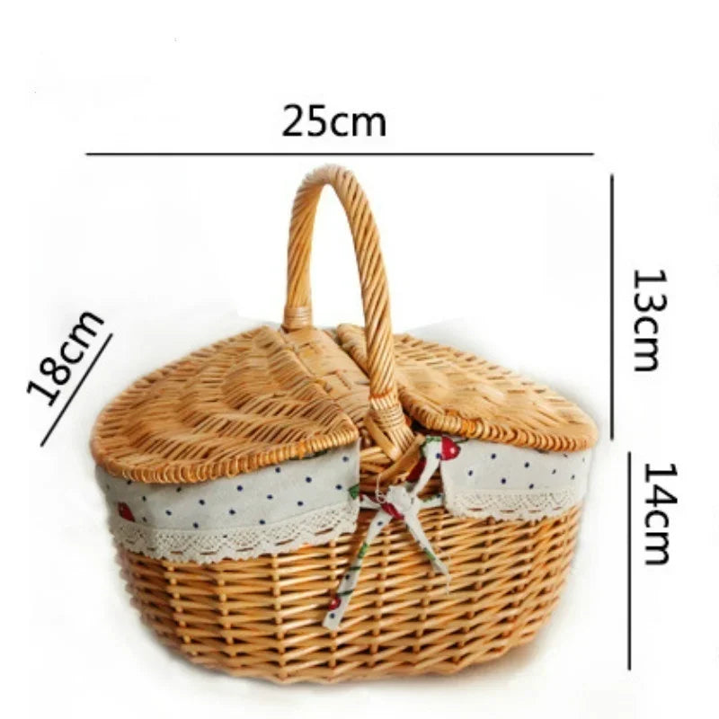 Simple Cute Wicker Carry-on Handle Storage Baskets Picnic Basket with Lid Fruit Food Basket Home Organize Accessory Small Size
