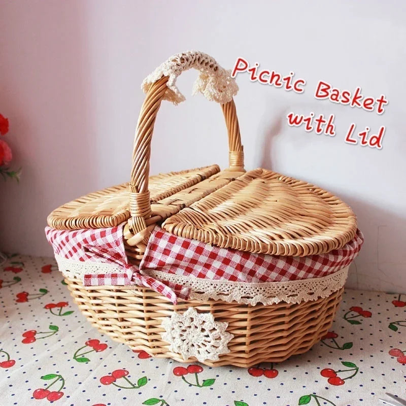 Simple Cute Wicker Carry-on Handle Storage Baskets Picnic Basket with Lid Fruit Food Basket Home Organize Accessory Small Size