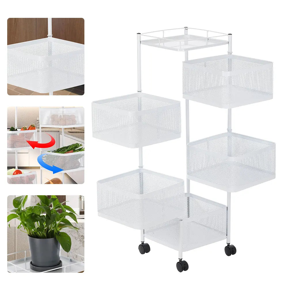 5-layer Square Rotatable Storage Rack With Wheels, Kitchen Adjustable Metal Baskets, Fruit Vegetable Storage Trolley