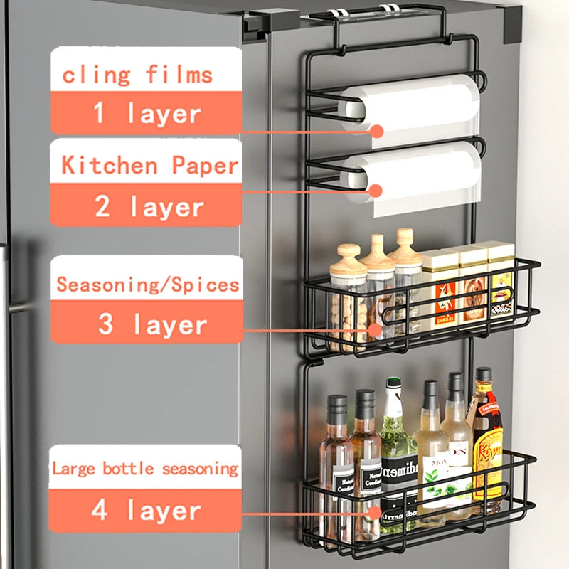 Wall mounted refrigerator rack, cling film storage rack, kitchen multifunctional seasoning rack, no drilling required