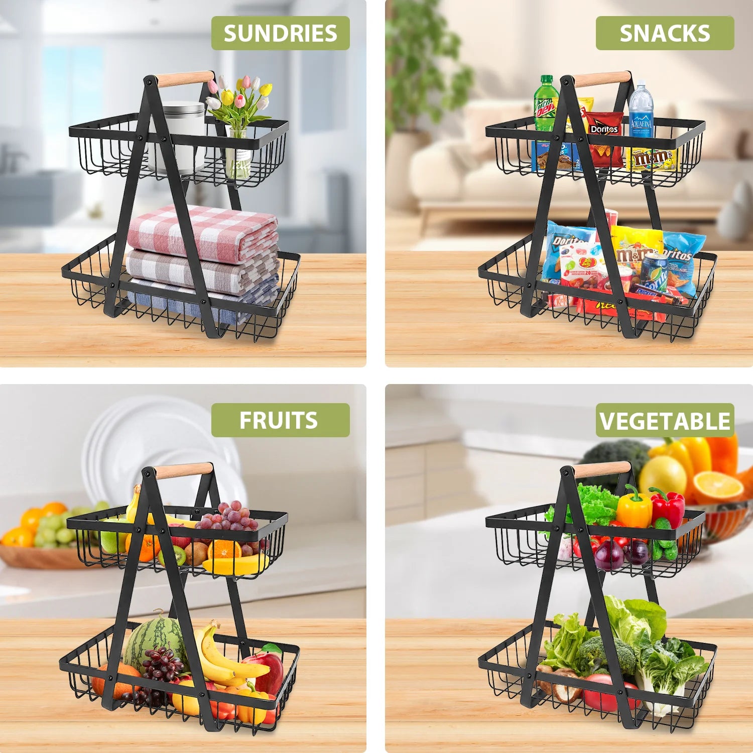 2/3 Tier Fruit Storage Basket Countertop for Kitchen Fruit Vegetable Basket Bowle with Handle Bread Snacks Stand