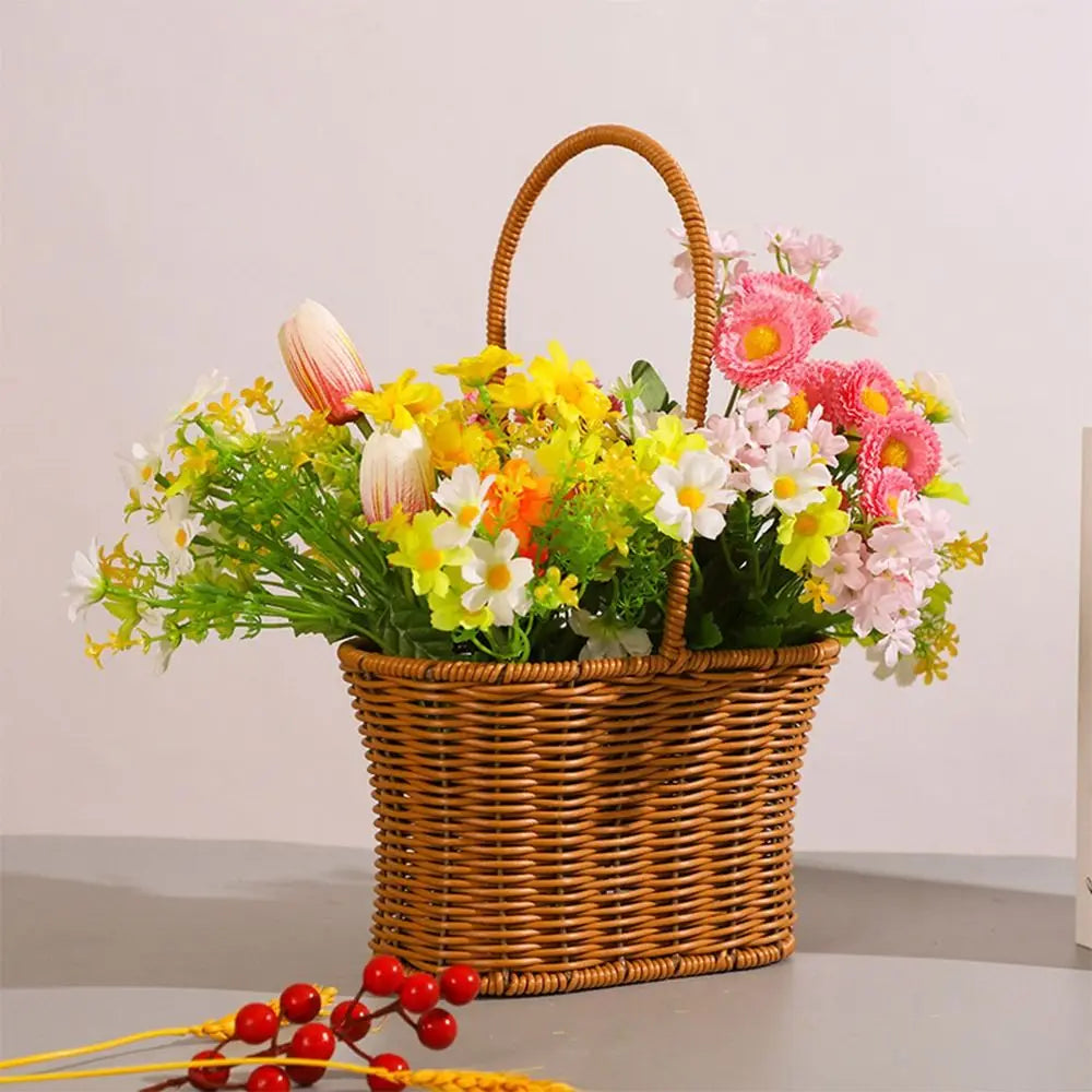 Imitation Rattan Handhold Weaving Basket with Handle Home Decoration Braid Storage Baskets Vegetable Fruit Flower