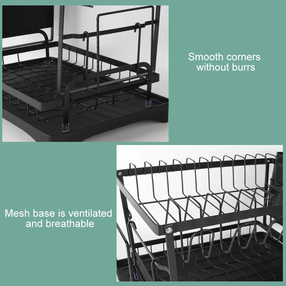 Sturdy 2-Tier Dish Drainer with Cutlery Holder & Drip Tray - Sleek Kitchen Sink Organizer