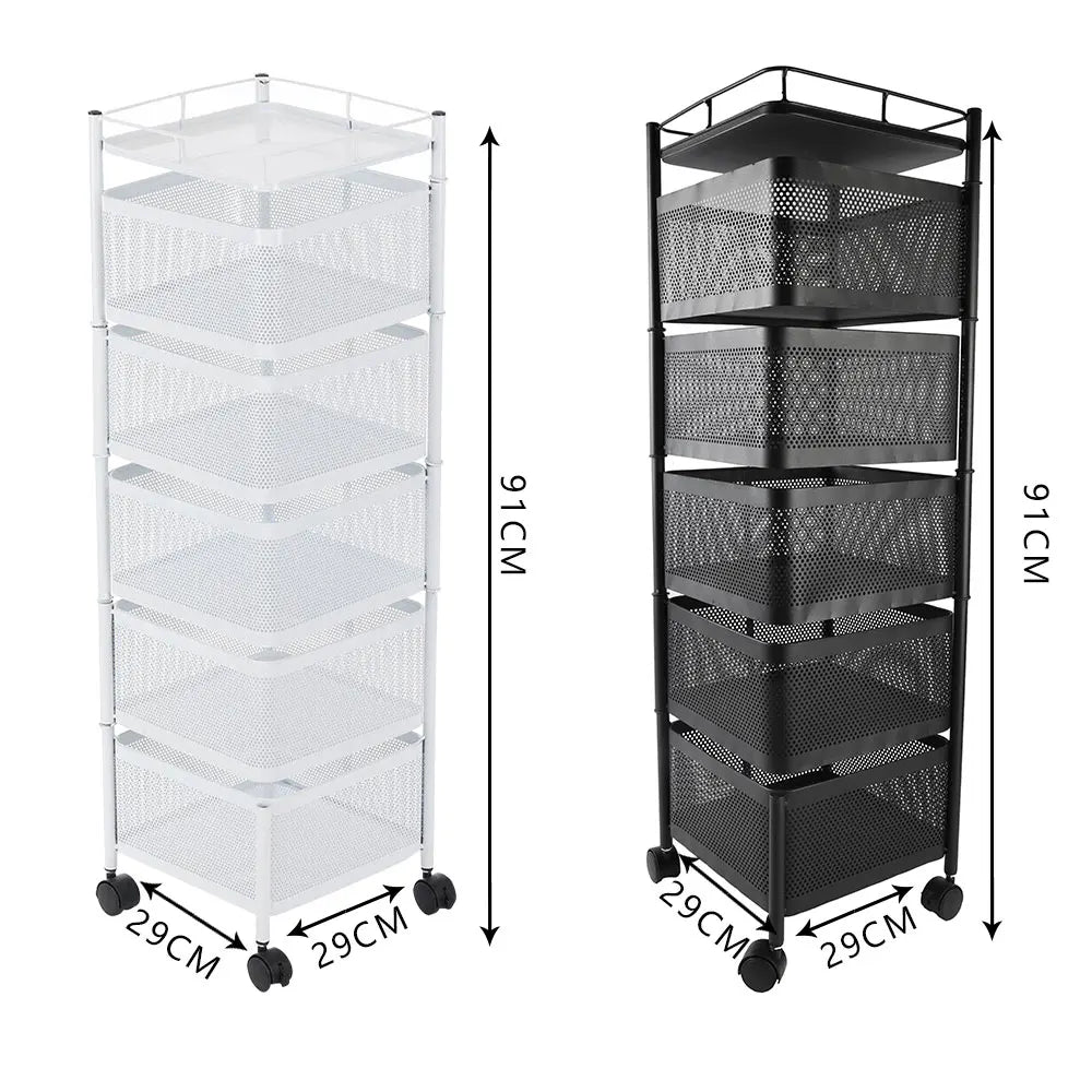 5-layer Square Rotatable Storage Rack With Wheels, Kitchen Adjustable Metal Baskets, Fruit Vegetable Storage Trolley