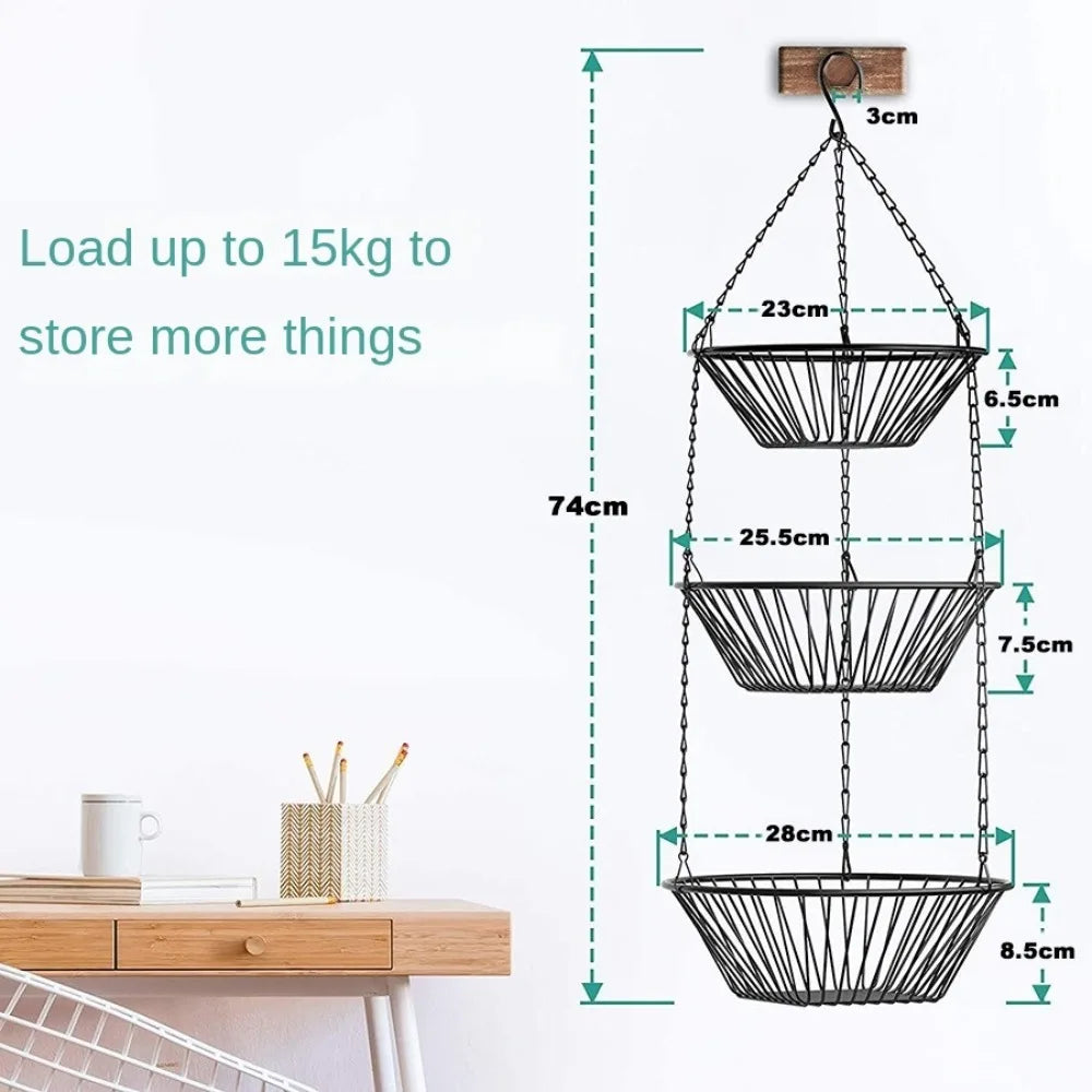Foldable Hanging Fruit Basket Nordic Wall Hanging Snacks Storage Basket Iron Wire Three Tier Flowers Basket Storage Rack
