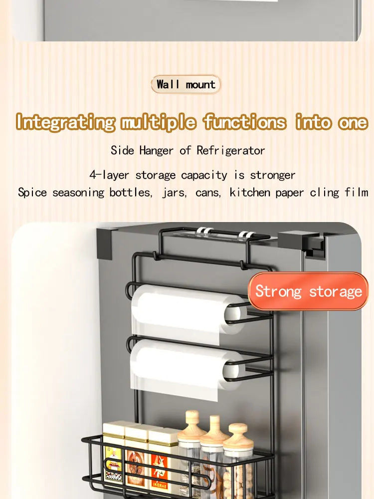 Wall mounted refrigerator rack, cling film storage rack, kitchen multifunctional seasoning rack, no drilling required