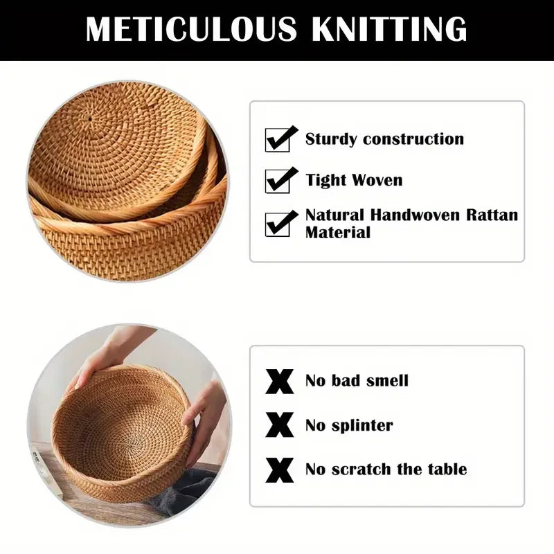 Hand-woven Rattan Wicker Basket Storage Box Fruit Tea Snack Bread Basket Cosmetic Desktop Storage Box Household Kitchen Supplies