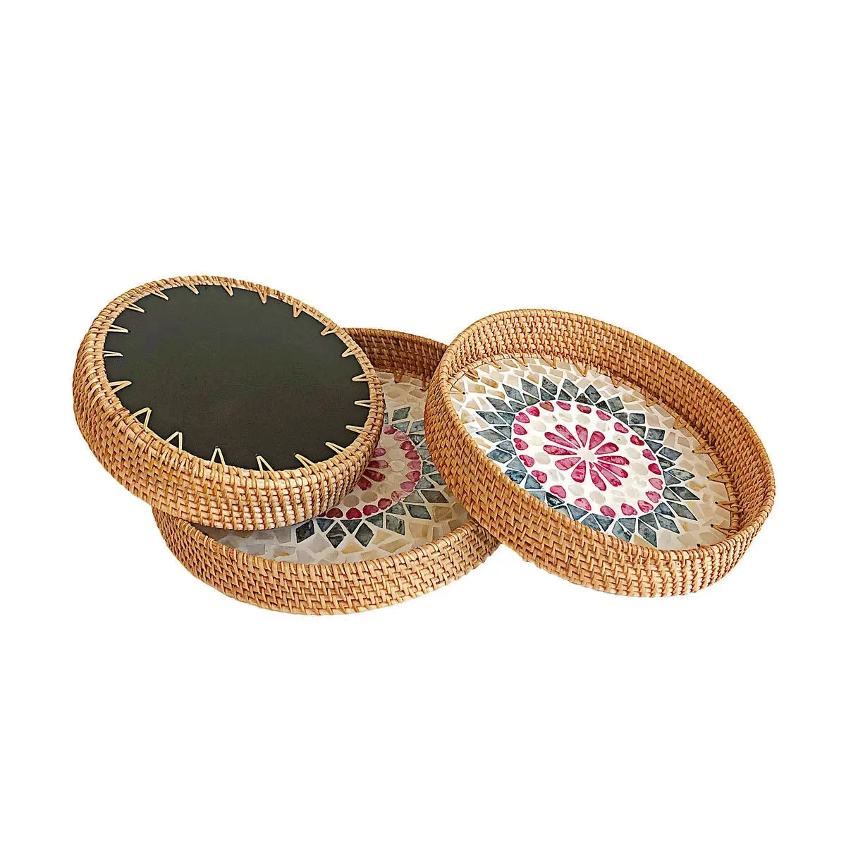HeMu Colorful Splicing Shell Rattan Storage Basket Set Bread Fruit Food Breakfast Display Box Natural Hand-Woven Tray Roundness