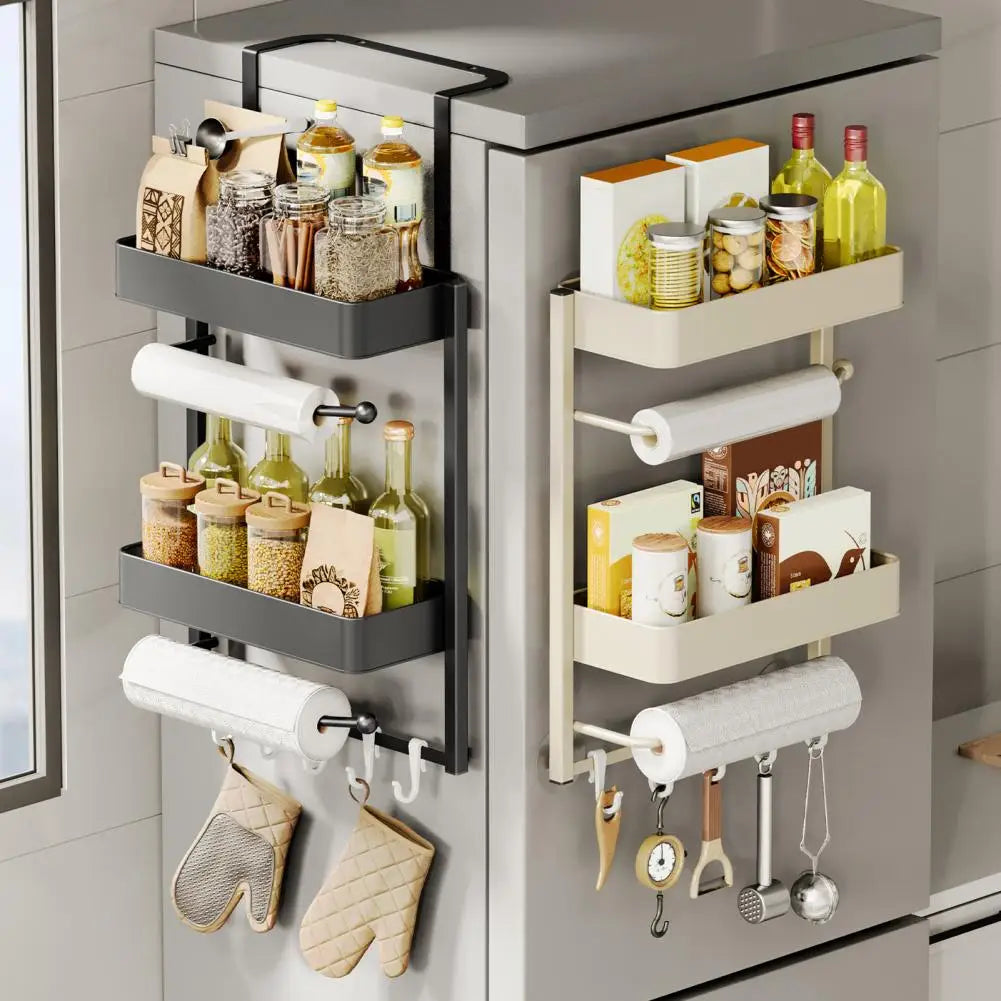 2-Tier Refrigerator Rack with Two Shelf Paper Holders, Spice Holder & Side Basket, Refrigerator Basket, for Kitchen