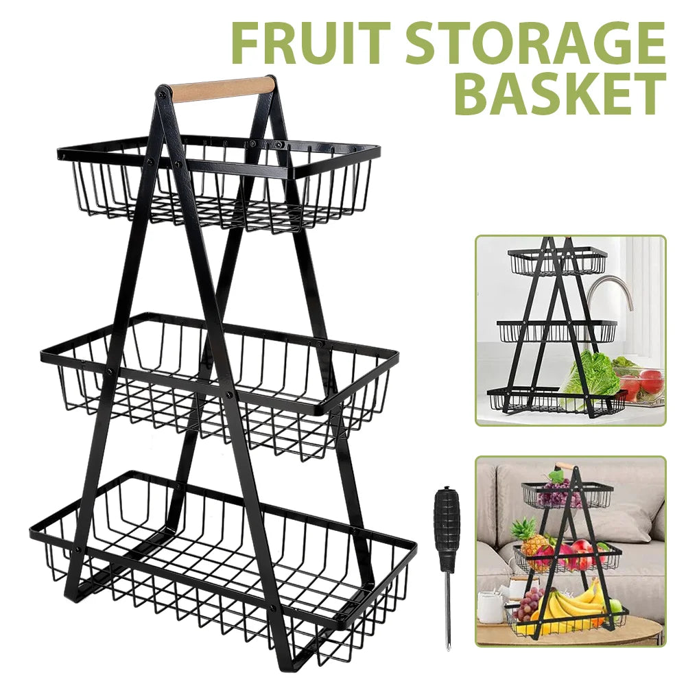 3 Tier Carbon Steel Fruit Storage Basket, Modern Metal Fruit And Vegetable Basket With Wooden Handle, Drain Basket