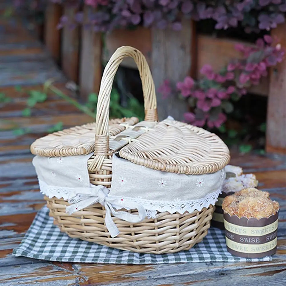 Wicker Picnic Basket With Lid Handle Picnic Hamper Handmade Willow Woven Storage Hamper Outdoor Camping Fruit Basket Container