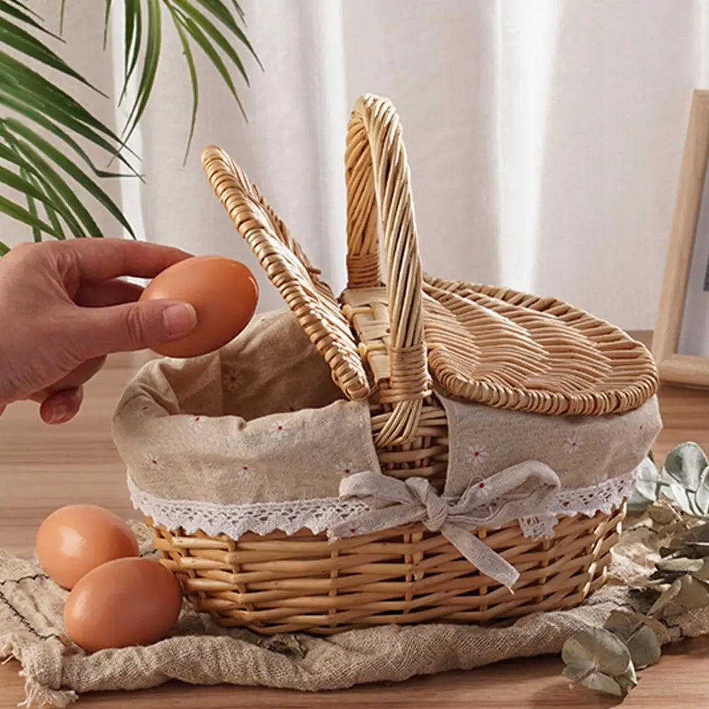 Wicker Picnic Basket With Lid Handle Picnic Hamper Handmade Willow Woven Storage Hamper Outdoor Camping Fruit Basket Container
