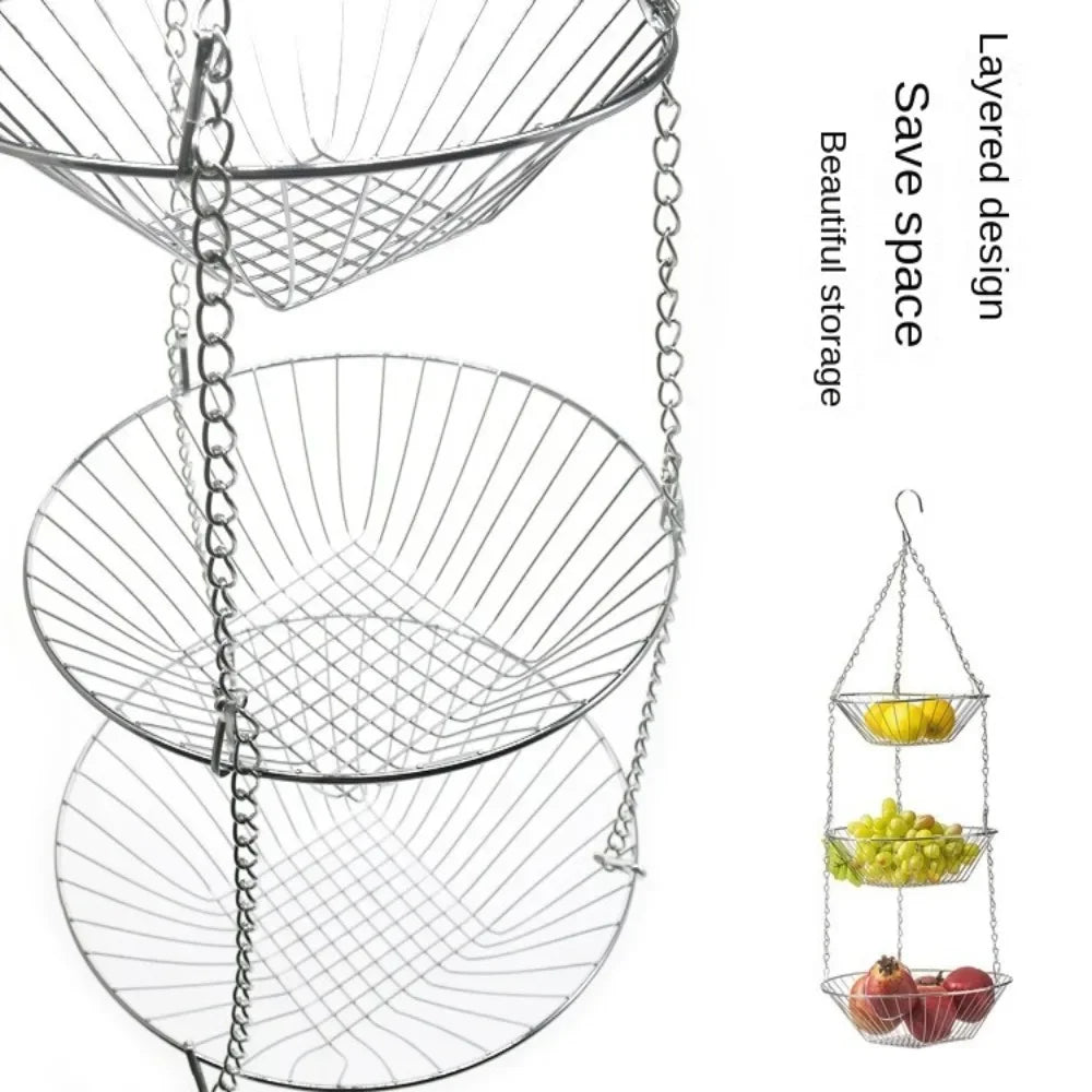Foldable Hanging Fruit Basket Nordic Wall Hanging Snacks Storage Basket Iron Wire Three Tier Flowers Basket Storage Rack