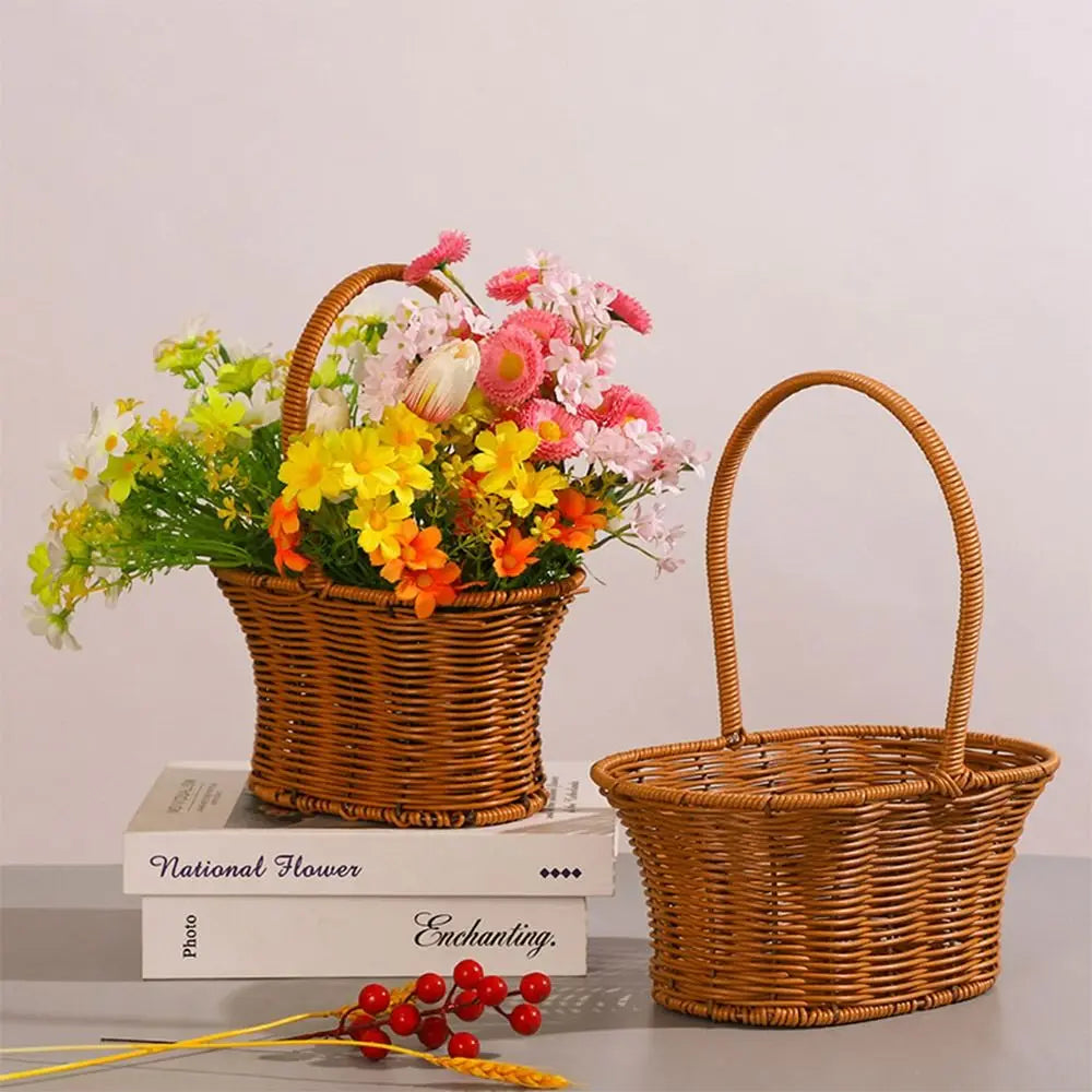 Imitation Rattan Handhold Weaving Basket with Handle Home Decoration Braid Storage Baskets Vegetable Fruit Flower
