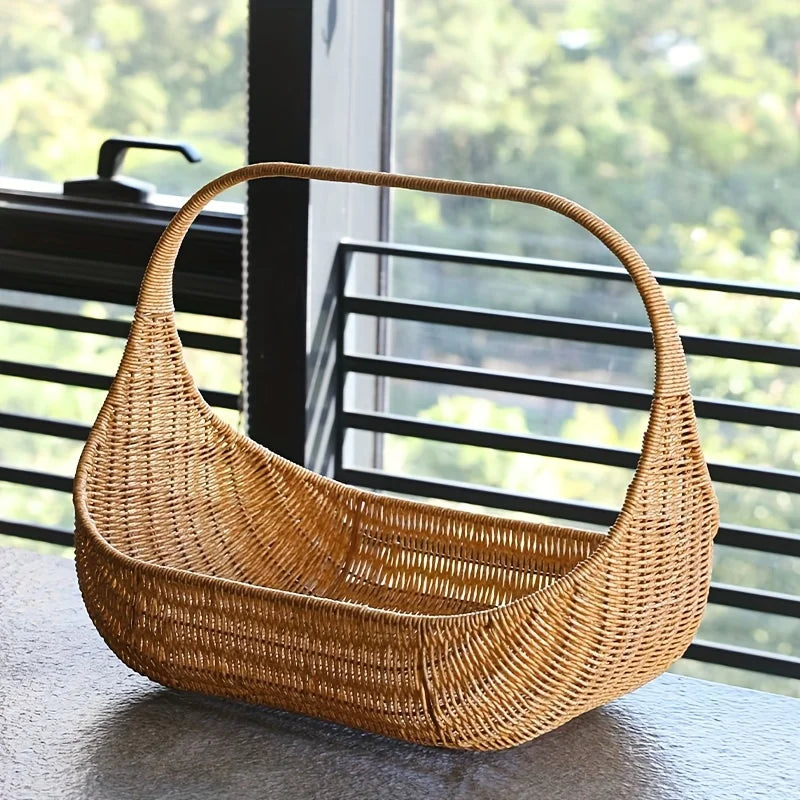 Handwoven Bread Basket and Fruit Tray in Natural Rattan, Rustic Style Basket for Serving Bread and Fruits