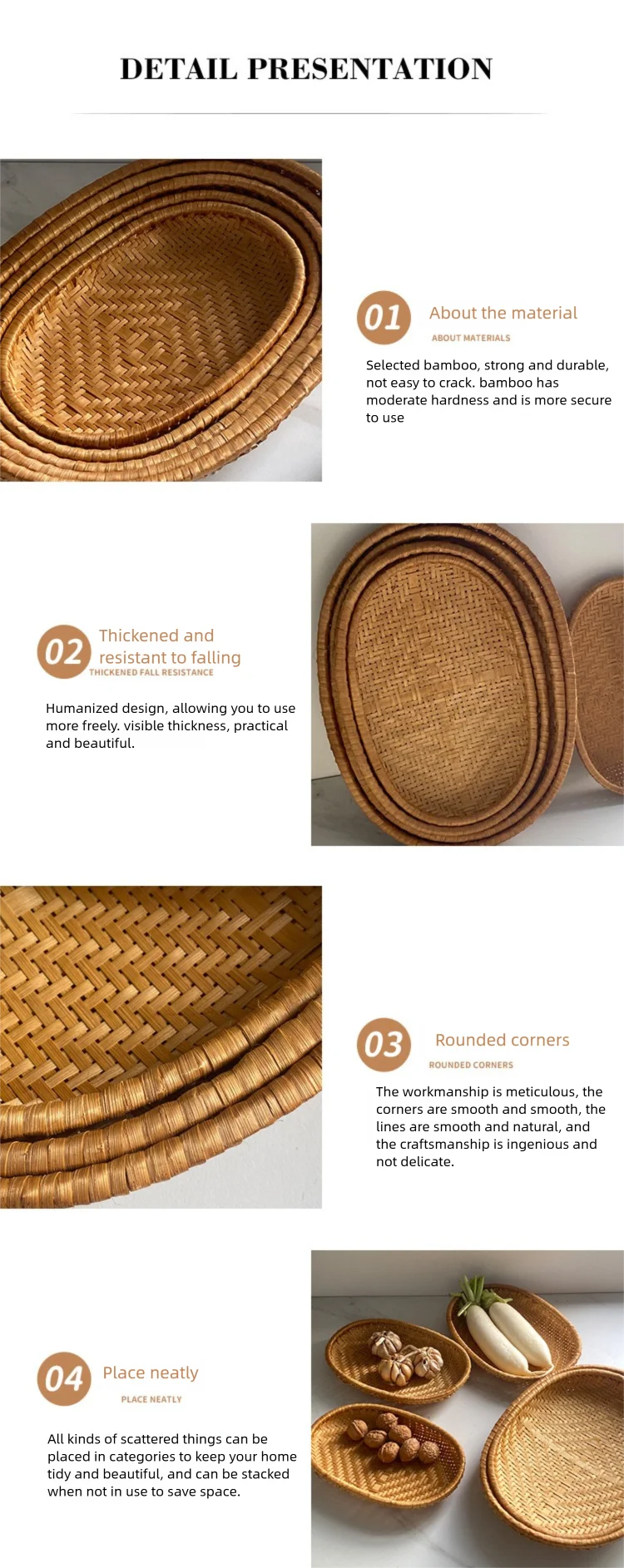 HeMu Bamboo woven oval basket Bamboo storage basket drying round dustpan Hotel storage steamed bun basket fruit basket