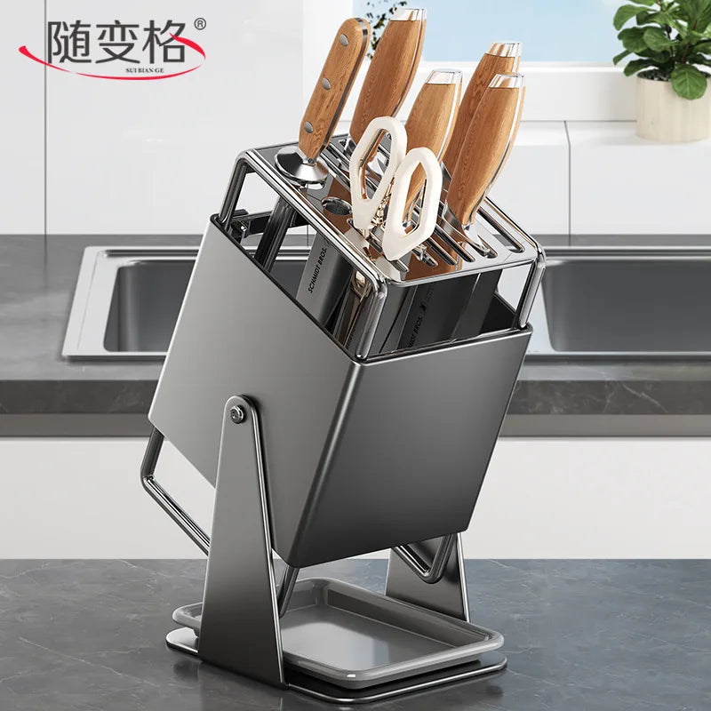 Stainless steel kitchen knife holder, rotatable tool storage rack, drainage countertop integrated tool holder