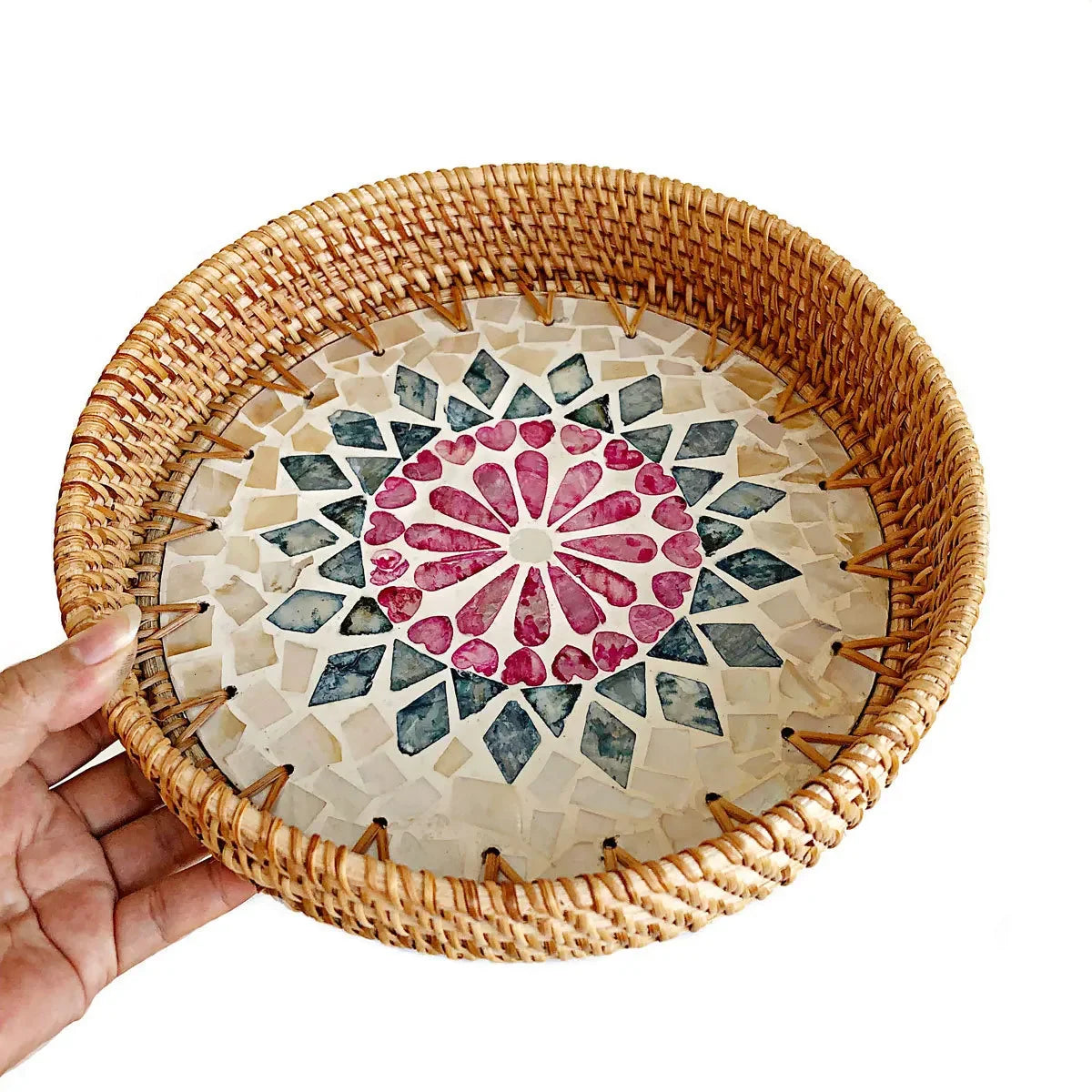 HeMu Colorful Splicing Shell Rattan Storage Basket Set Bread Fruit Food Breakfast Display Box Natural Hand-Woven Tray Roundness
