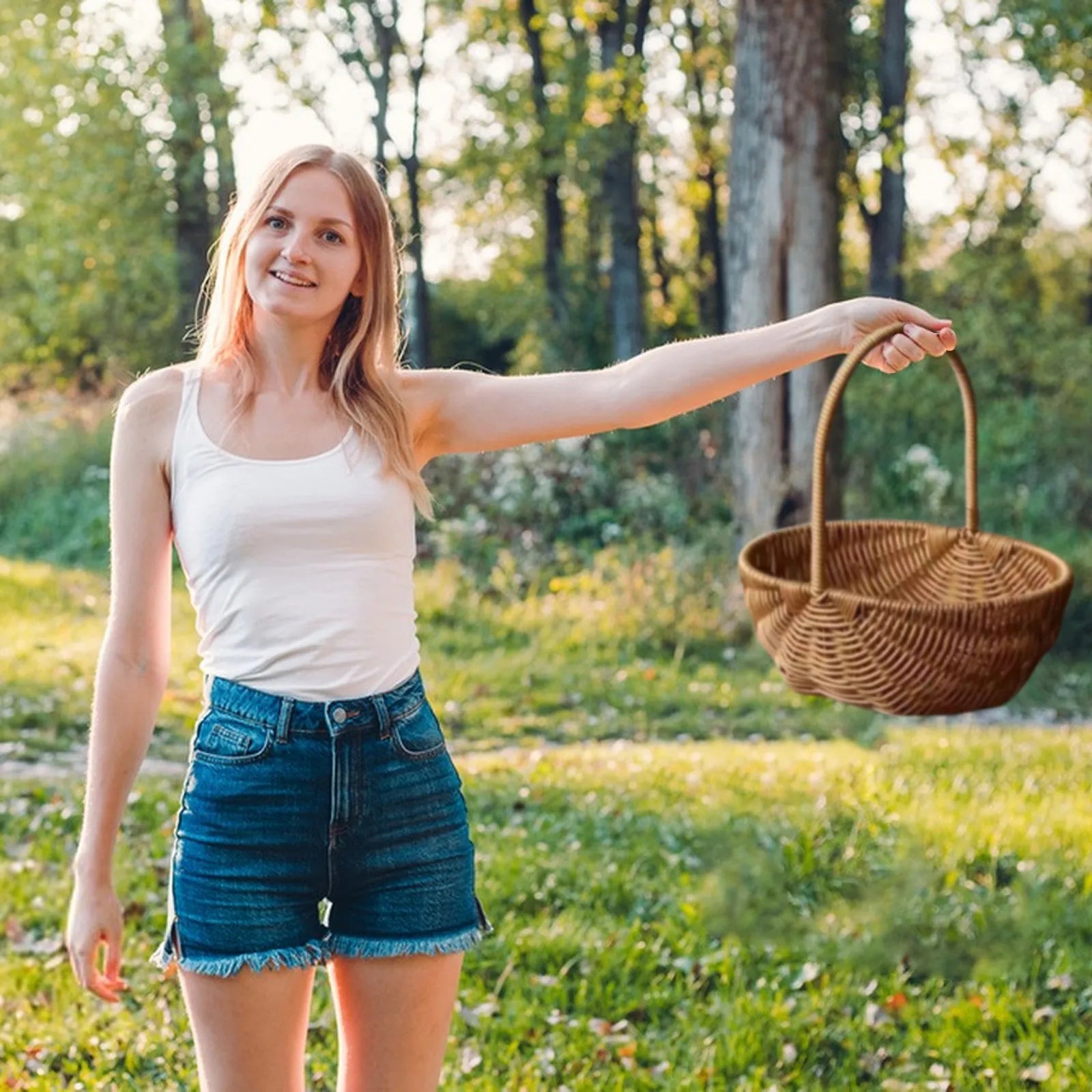Imitation Rattan Handhold Weaving Basket with Handle Home Decoration Braid Storage Baskets Vegetable Fruit Flower