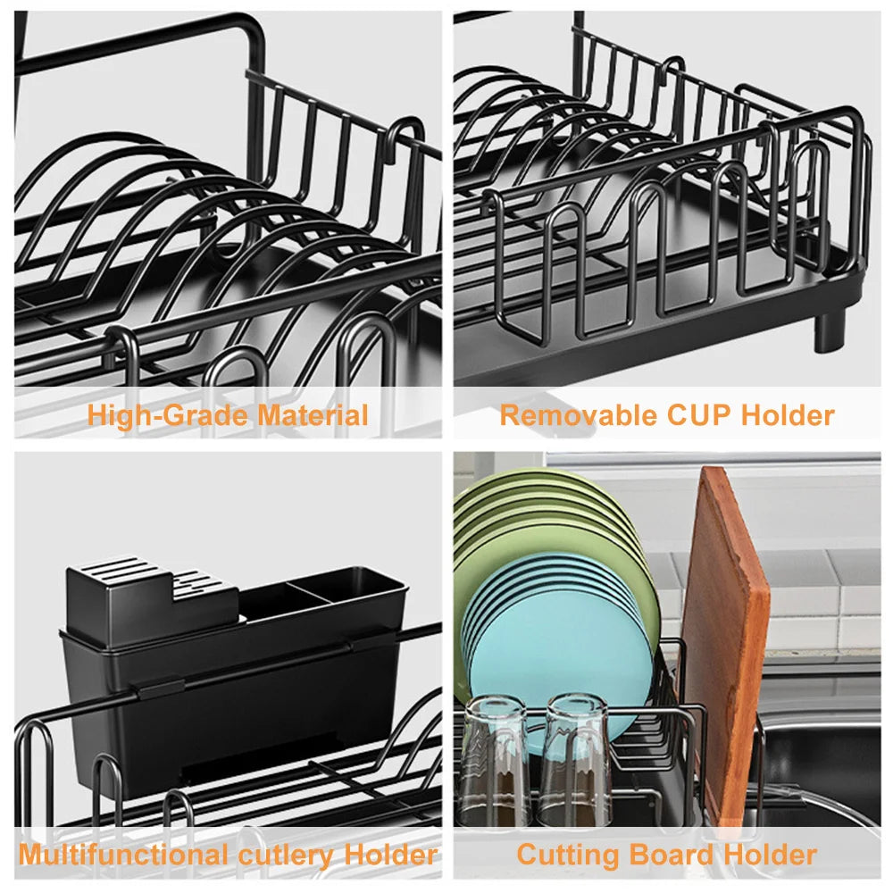 Multifunctional Dish Drying Rack Kitchen Extendable Dish Rack with Drainboard Dish Drainer Storage Organizer Cutlery Cup Holders