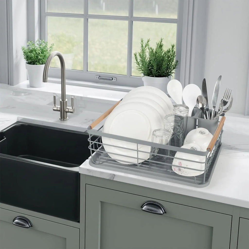 Anti-Rust Dish Drainer Drying Rack with Removable Drip Tray & Cutlery Holder Kitchen Sink Organizer Plate Cup Rack
