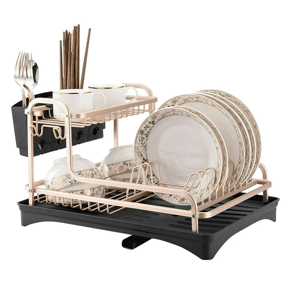 【Breeins】 2 Tier Aluminum Dish Storage Rack with Cutlery Holder Drain Hole