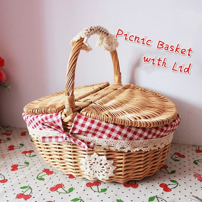 Simple Cute Wicker Carry-on Handle Storage Baskets Picnic Basket with Lid Fruit Food Basket Home Organize Accessory Small Size