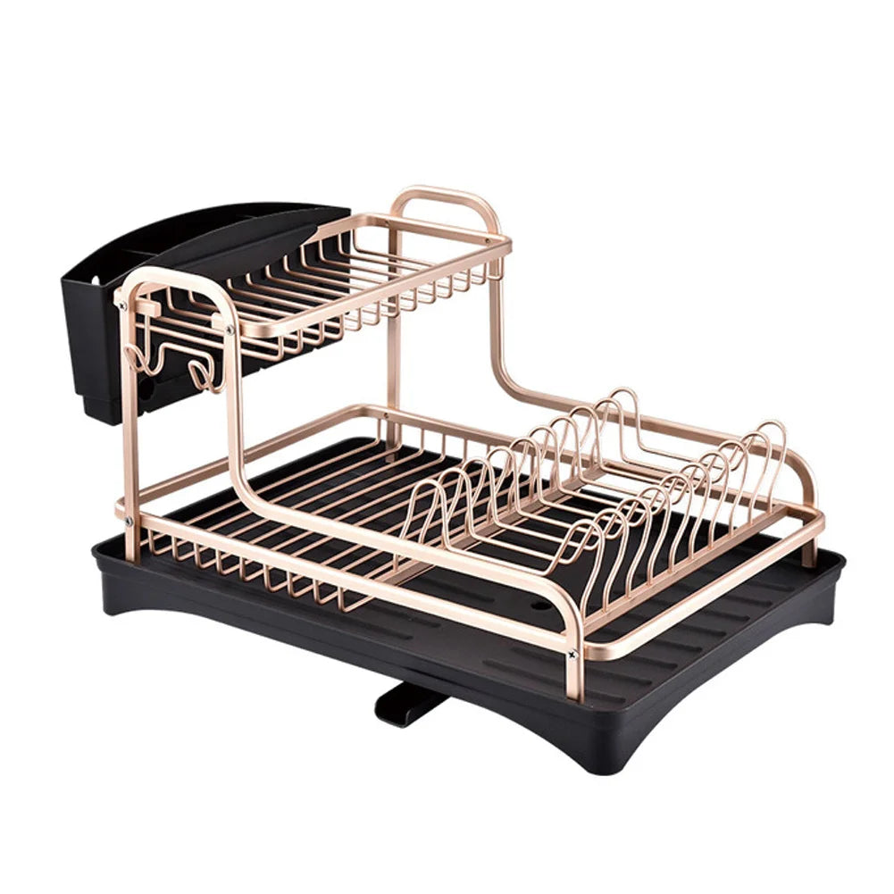 【Breeins】 2 Tier Aluminum Dish Storage Rack with Cutlery Holder Drain Hole