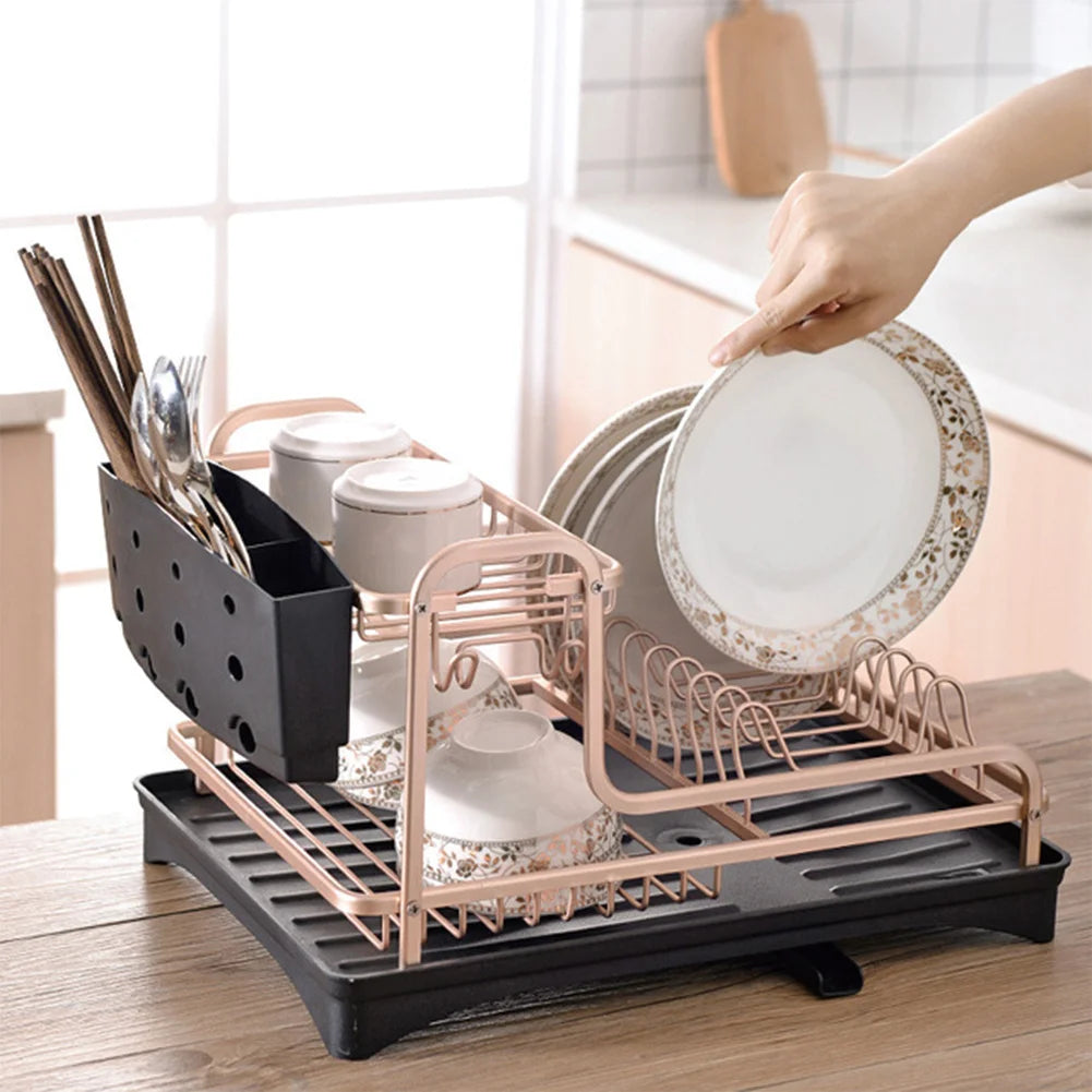 【Breeins】 2 Tier Aluminum Dish Storage Rack with Cutlery Holder Drain Hole
