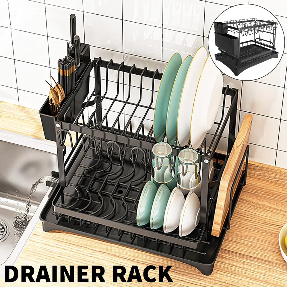 Sturdy 2-Tier Dish Drainer with Cutlery Holder & Drip Tray - Sleek Kitchen Sink Organizer