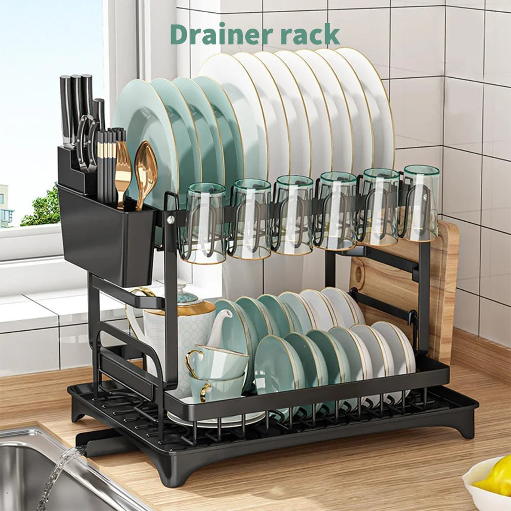 Sturdy 2-Tier Dish Drainer with Cutlery Holder & Drip Tray - Sleek Kitchen Sink Organizer