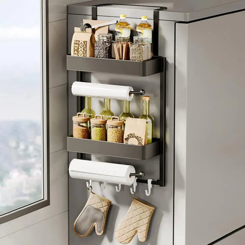 2-Tier Refrigerator Rack with Two Shelf Paper Holders, Spice Holder & Side Basket, Refrigerator Basket, for Kitchen