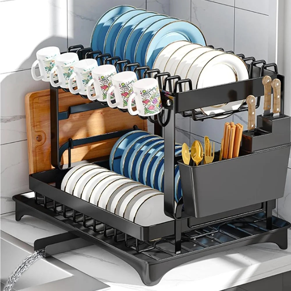 Sturdy 2-Tier Dish Drainer with Cutlery Holder & Drip Tray - Sleek Kitchen Sink Organizer
